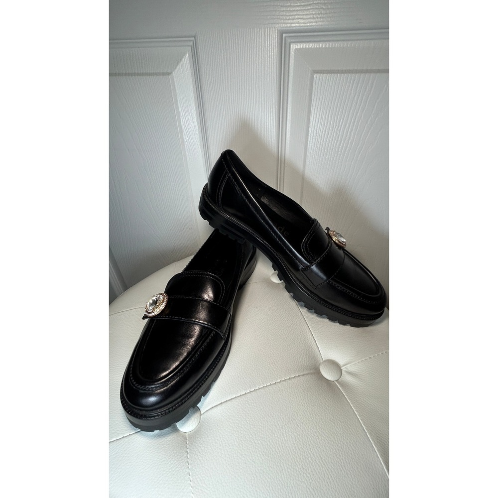 Kate Spade Crystal Embellished Lug Sole Loafers 7.5B Black Leather Chunky NWOB
